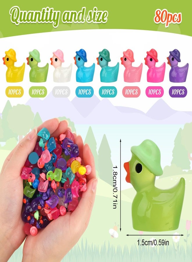 GGSTDDUP 80 Pack Luminous Mini Resin Ducks, Mini Ducks Tiny Duck Miniature Duck Figures Wearing Hat, Glow in The Dark DIY Crafts Cake Decor for Micro Landscape Dollhouse Garden (8 Colors) - Image 2